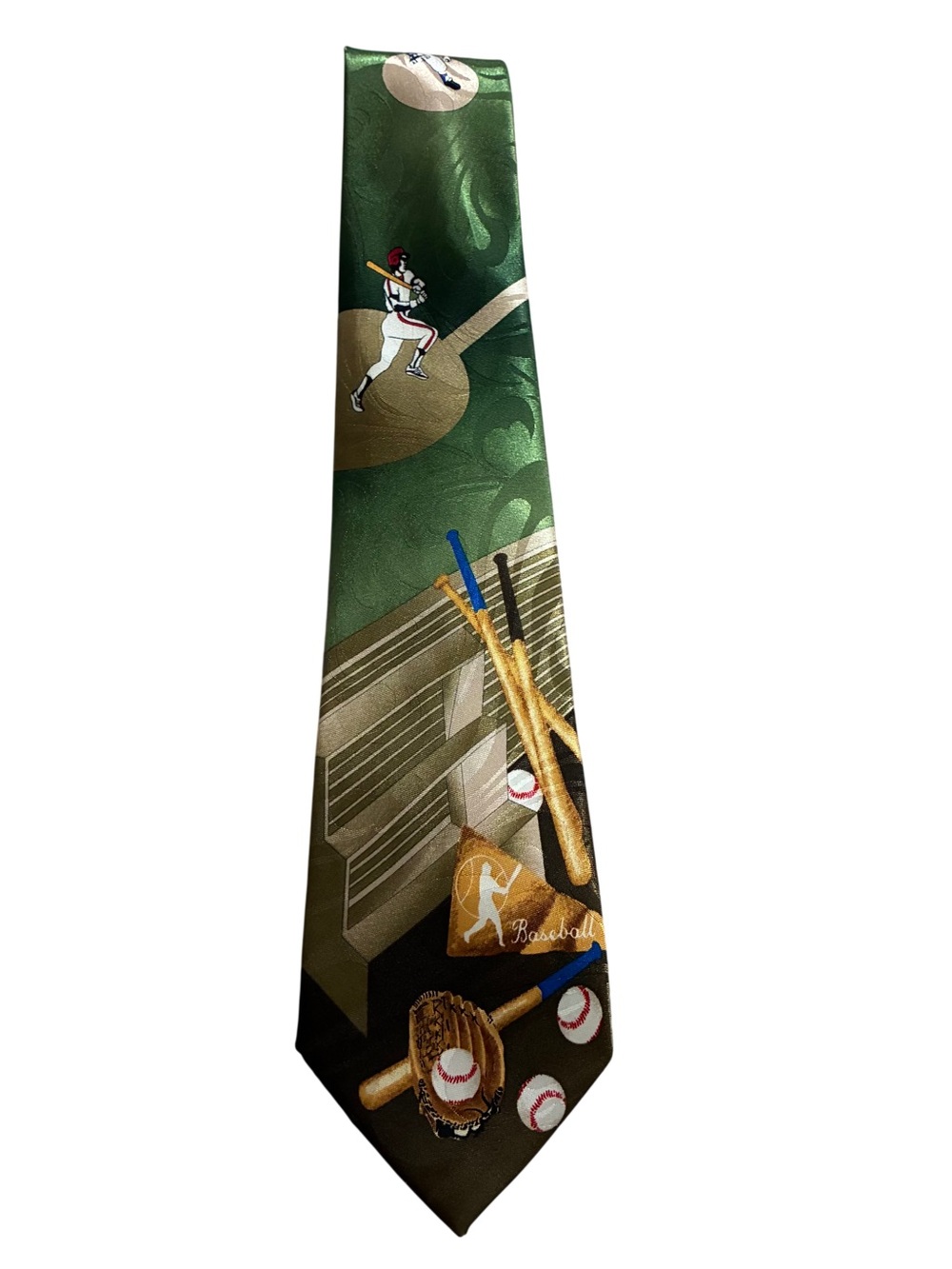 Baseball Neck Tie Mens VTG Steven Harris Sports Hand Made Green Gold Fathers Day